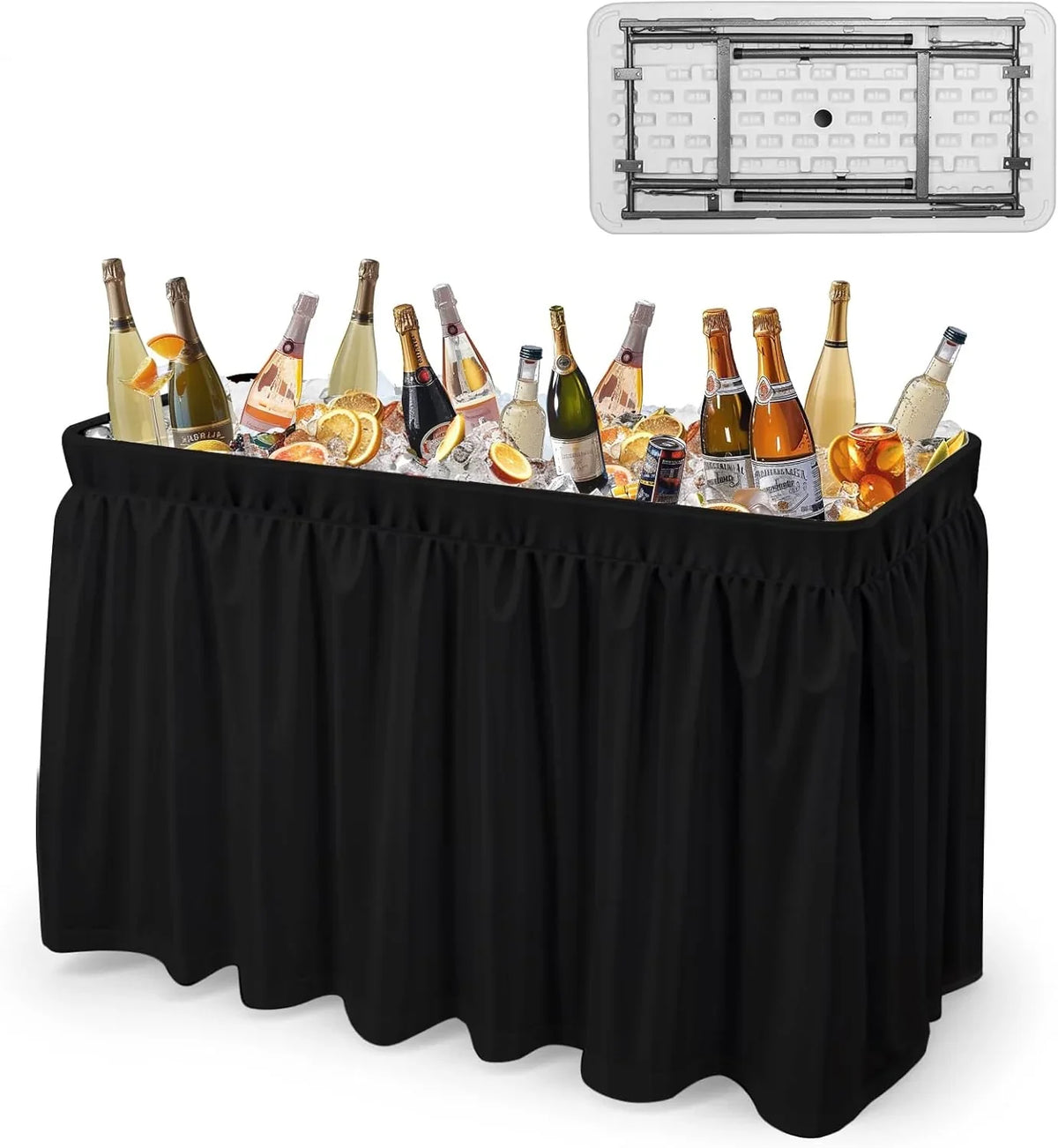 4 feet black ice crystal table, portable rear panel camping fishing cleaning table, plastic material with matching skirt, suitable for parties, barbecues, camping and picnics as an ice chest