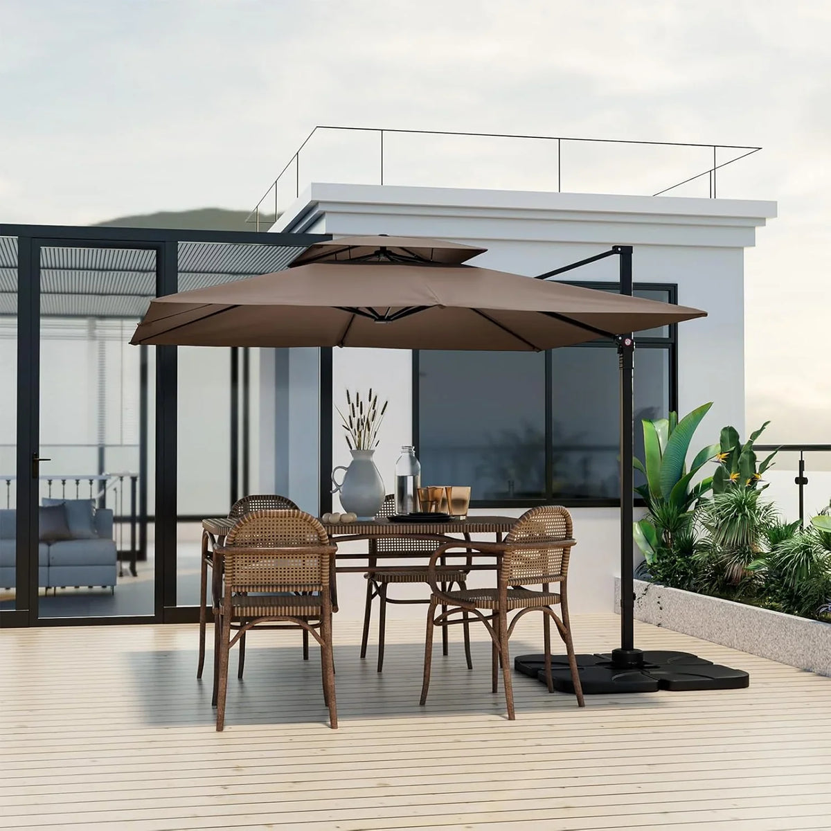 9.5-foot cantilevered patio umbrella, outdoor square offset umbrella, 360° rotatable, double-structured heavy-duty patio hanging umbrella, with cross base, suitable for gardens, patios, swimming pools and backyards.