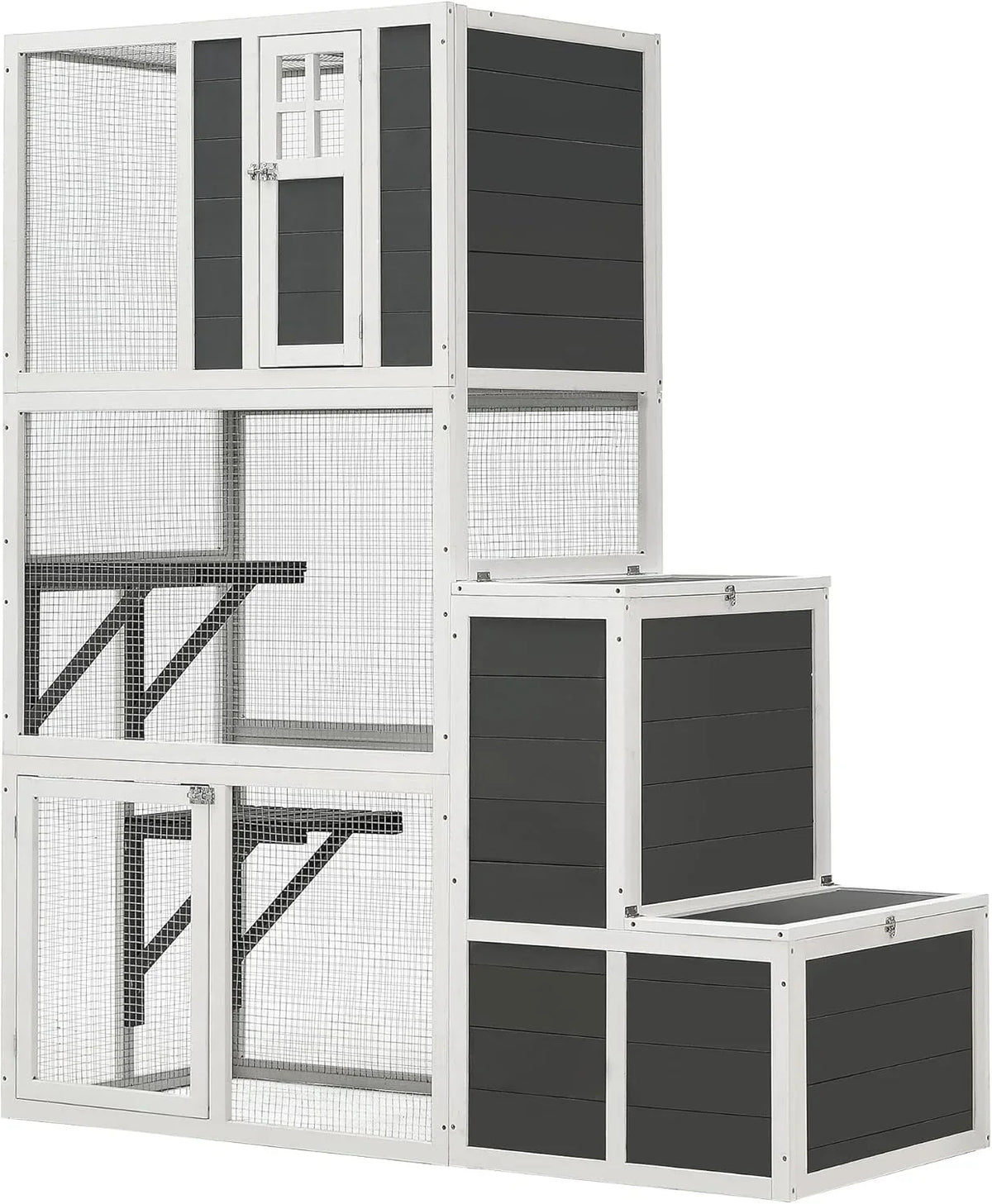 62.6-inch wooden outdoor cat house, large cat cage room, equipped with 7 platforms, 2 rest boxes and a rainproof roof, suitable for multiple pets to use. Step-in cat apartment shelter, white model