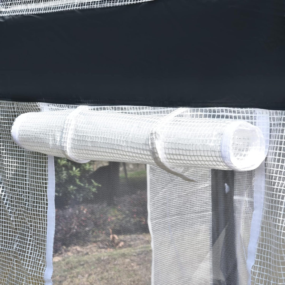 A 20-foot x 10-foot x 9-foot walk-in green house with an outdoor garden greenhouse, equipped with 6 roll-up windows, 2 zipper doors and a rain cover, in white color.