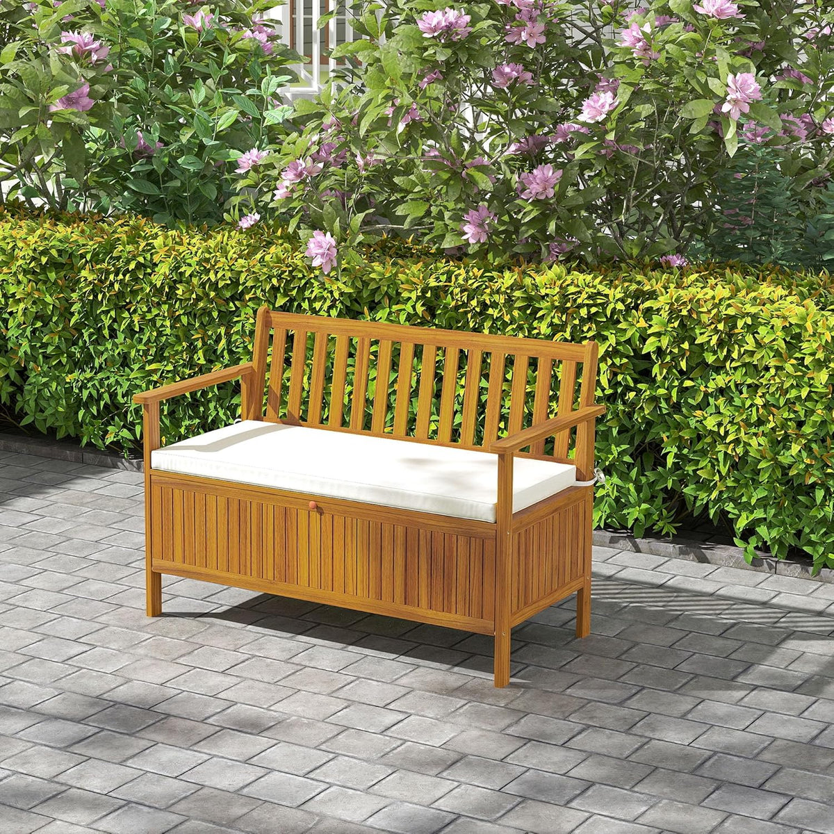 Outdoor bench with storage box, 28-gallon outdoor storage bench, garden seat made of rosewood with cushion, suitable for parks, balconies, and terraces, double-person outdoor furniture, made of teak material