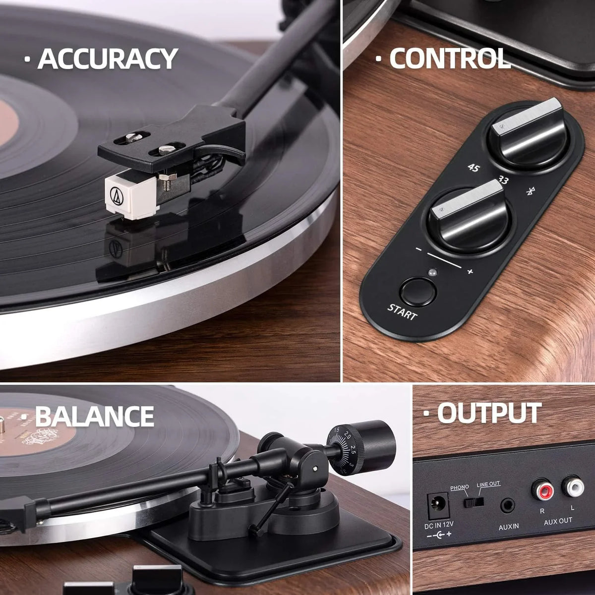 High Fidelity Belt Drive Turntable with Built-in Speakers, Vinyl Record Player with Magnetic Cartridge, Wireless Playback and Aux-in Functionality, Auto Off