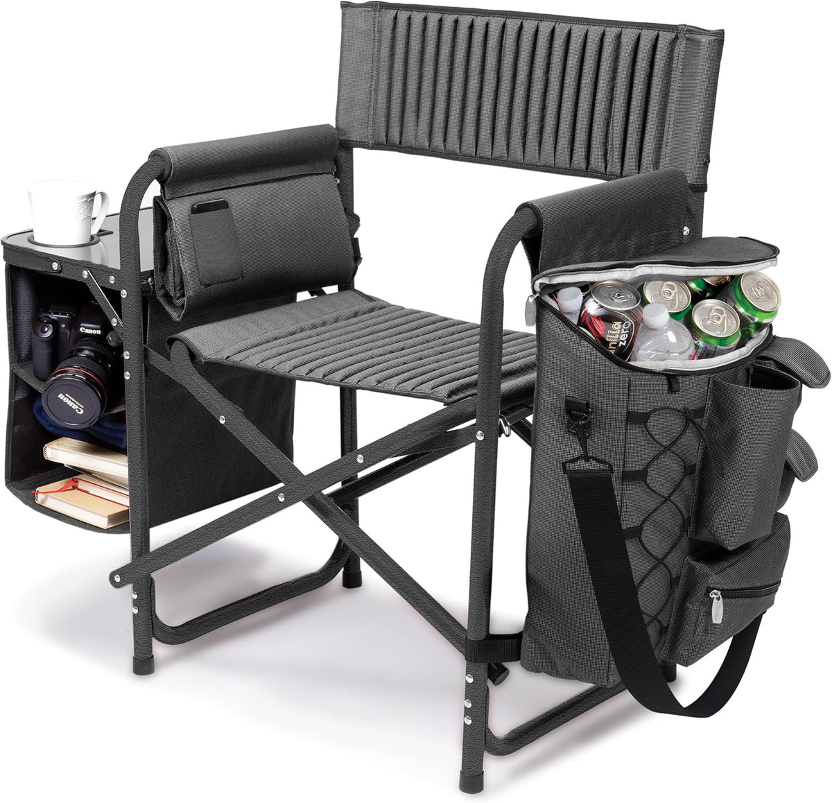 The "Picnic Time" brand's outdoor folding chairs with a unique design feature a grey base and a black frame. The dimensions are 33 x 7 x 21.