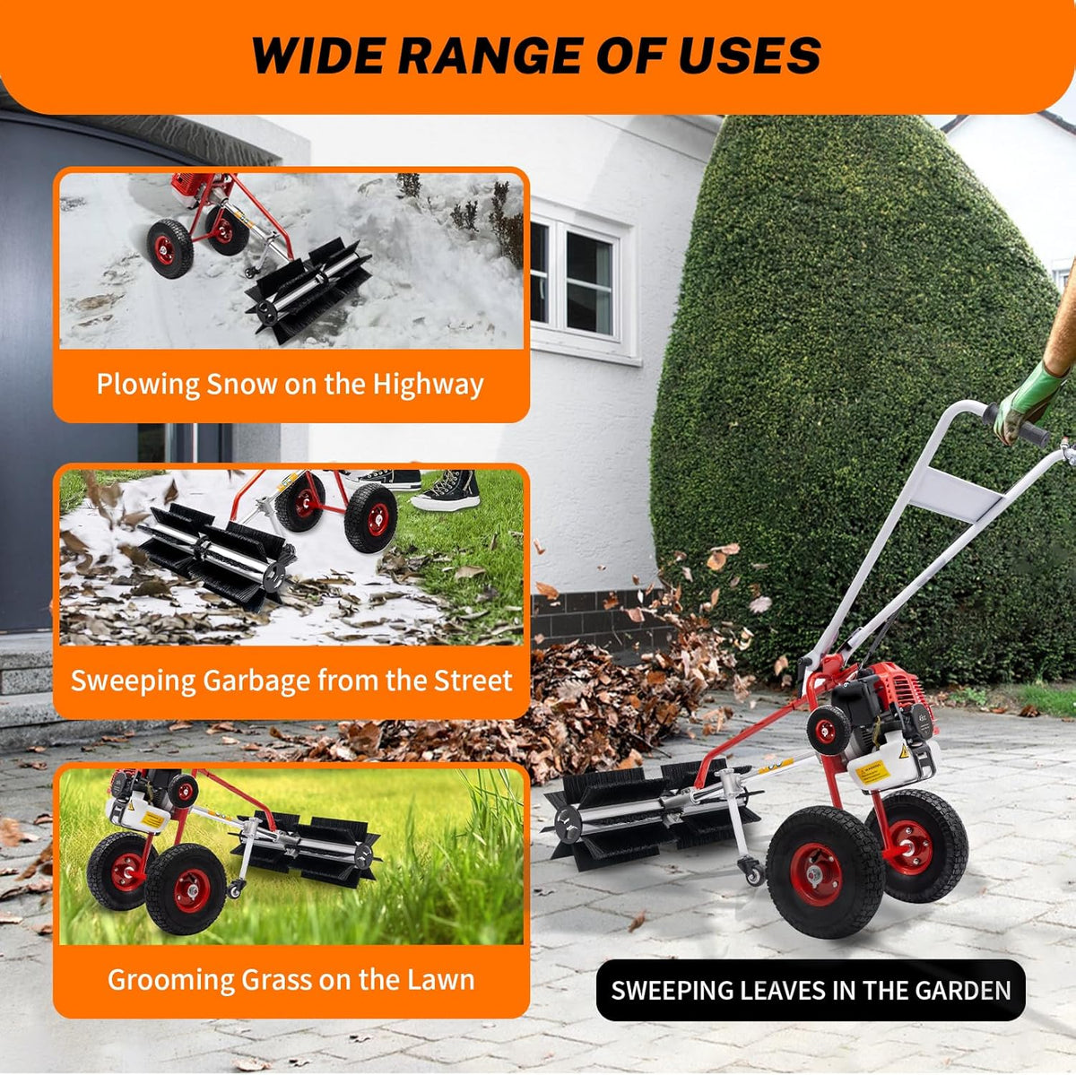 43cc 1.7HP Gas Powered Broom, 2 Stroke Power Sweeper Handheld Gasoline Power Broom Sweeping Machine for Garden Lawn Yard Sidewalk Driveway Turf Grass Cleaning, 600mm Nylon Brush Sweeping broom