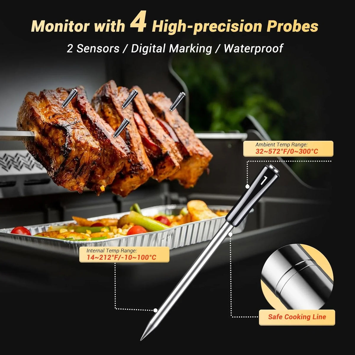 True wireless meat thermometer, equipped with 4 probes, Wireless meat thermometer, with backlit LCD display, Wi-Fi-enabled smart food thermometer, rechargeable, suitable for barbecue grills, charcoal grills, ovens, and rotating barbecue racks.