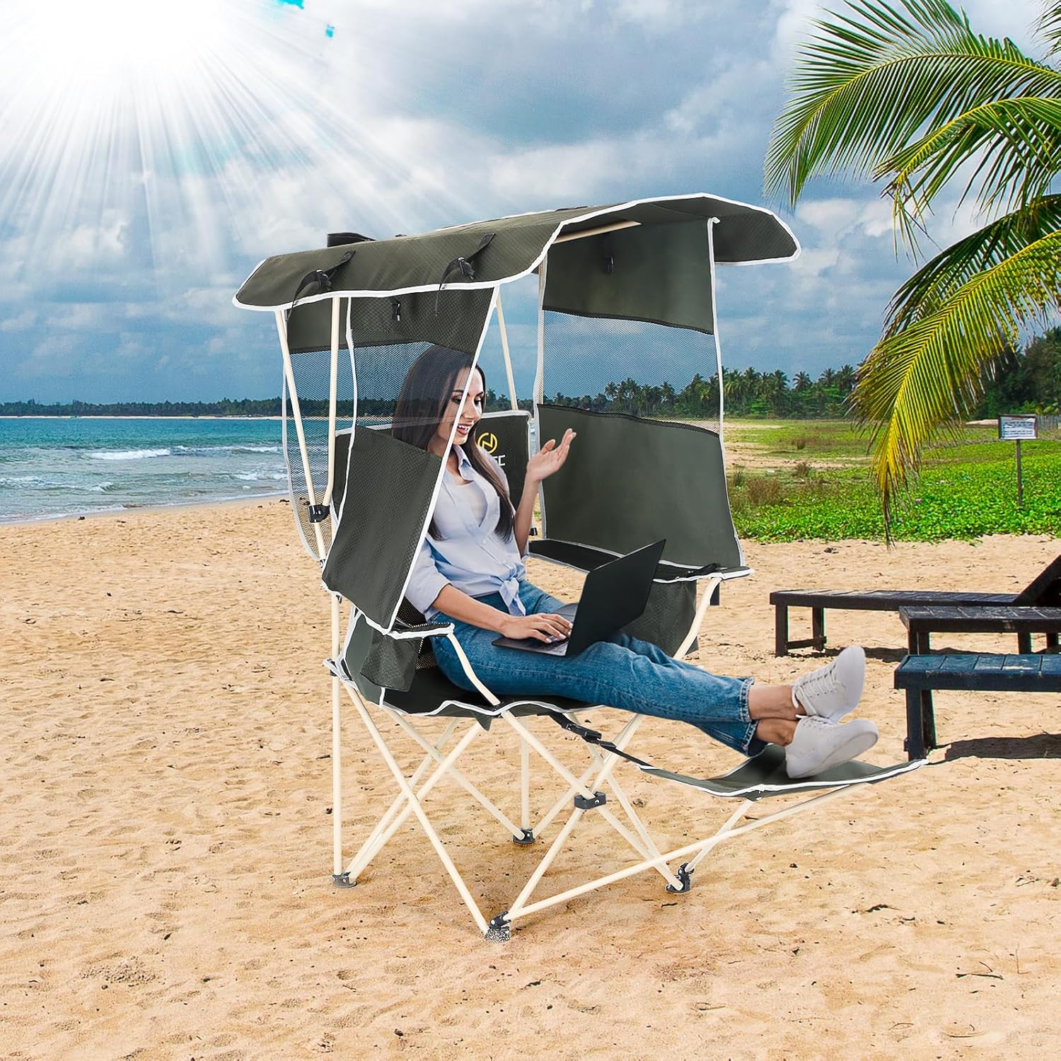 Nice C Canopy Chair, Camping Chair with Canopy, Folding Chair with Canopy, Shade Chair, Canopy Chair Outdoor, Folding Lawn Chair with Canopy, Sport Chair, Camping Chair with Foot Rest (2-P w/Footrest)