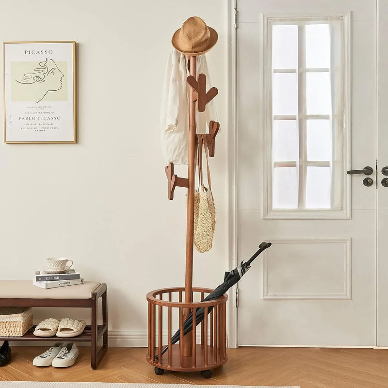 Wood Coat Rack Freestanding - Wooden Coat Tree Hat Rack with 12 Hooks, Clothes Coats Hanger Stand Rolling Racks with Umbrella Holder Wheels for Bedroom Entryway Hallway Livingroom (Walnut) W9000