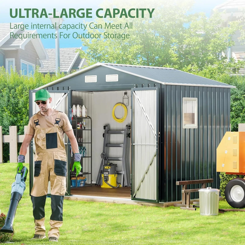 8x6FT Outdoor Steel Storage Shed with Clear Window, Lockable Doors, Weather-Resistant Metal Tool Shed for Garden, Backyard, Patio, and Utility Storage G4655