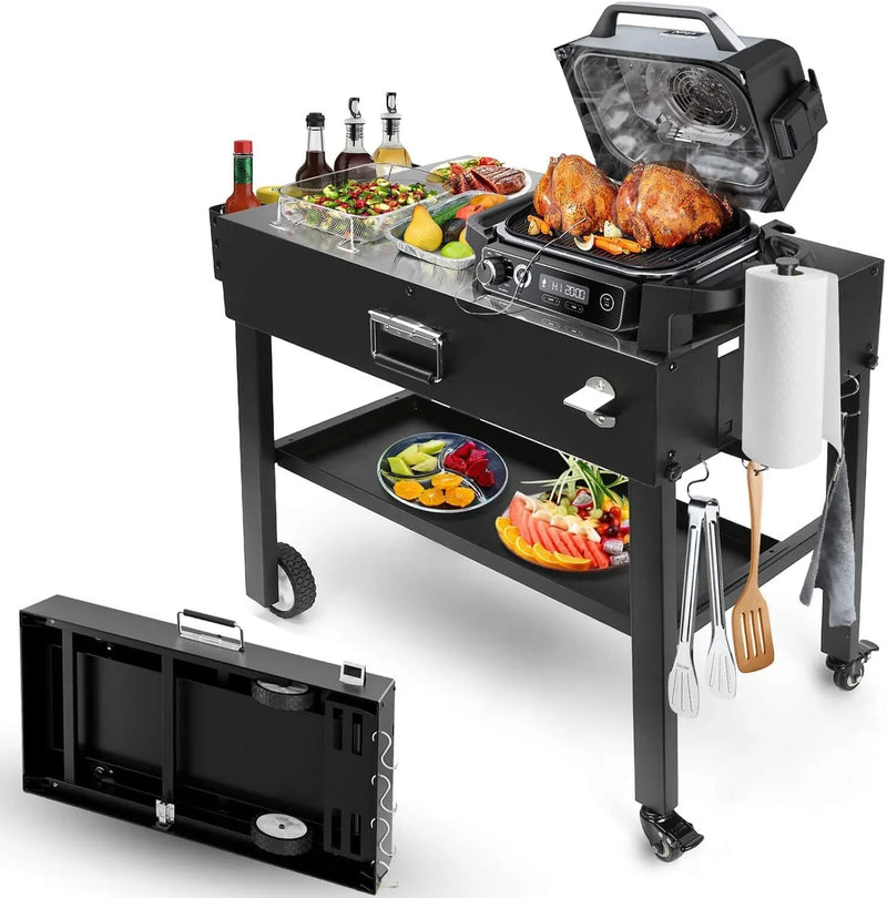 Foldable barbecue table cart, black stone portable frying pan, Onni pizza oven - Portable outdoor barbecue preparation table, equipped with a bag, very suitable for camping and tailgate events. L9580