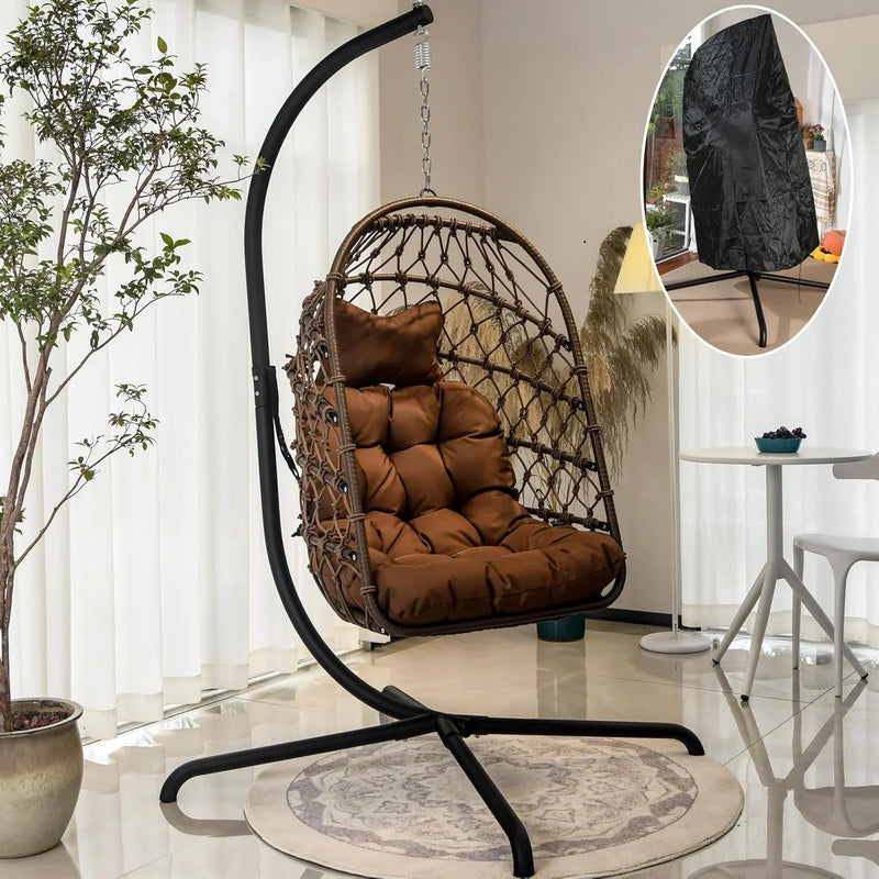 Indoor and outdoor egg-shaped rocking chairs with frames and covers, garden rattan hanging chairs, capacity 450 pounds, with UV-protective cushions, suitable for bedrooms, outdoor balconies, courtyards or living rooms (dark gray) P1699
