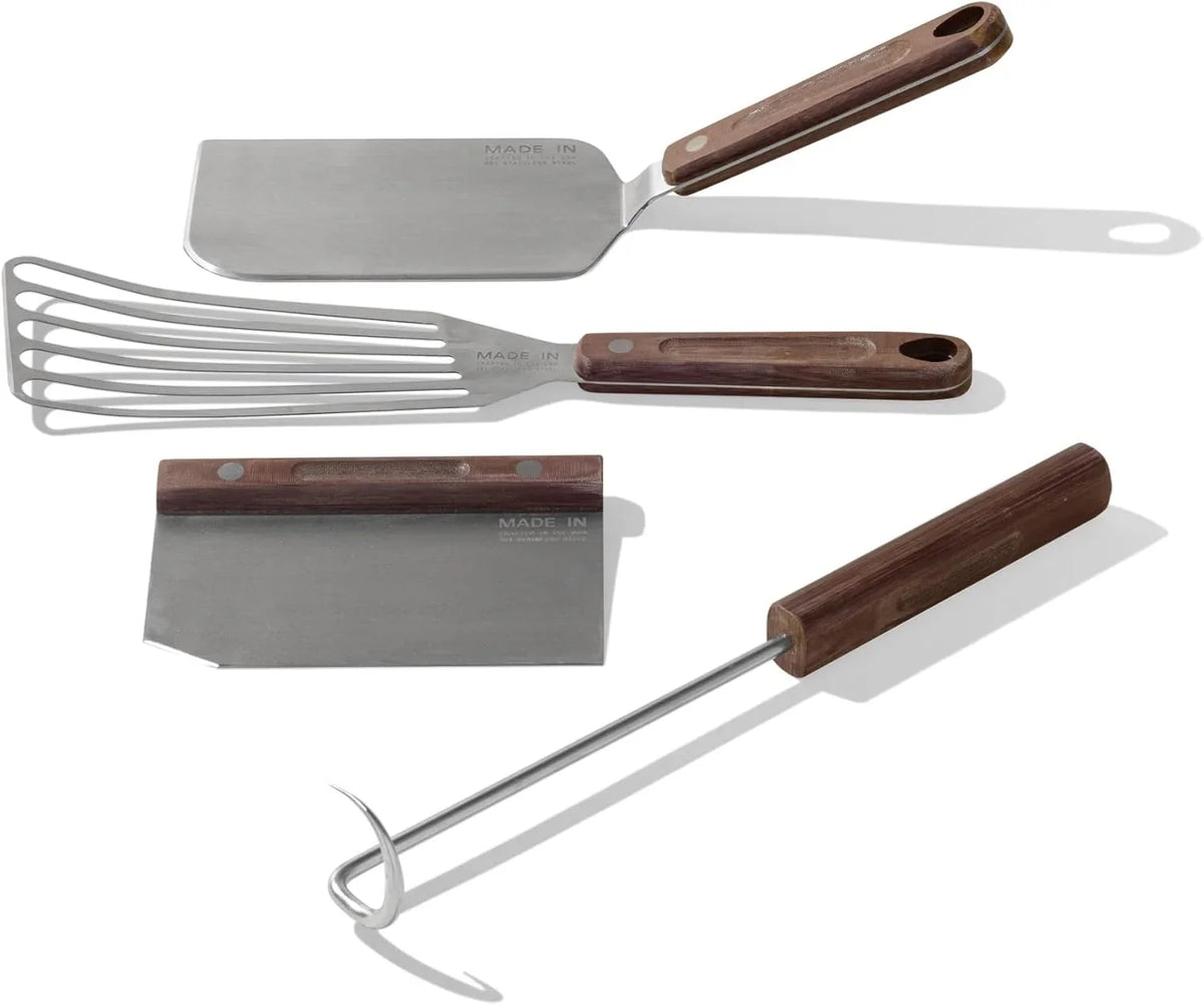 4-piece frying pan set - includes frying pan spatula, workbench scraper, fish spatula and pigtail flipper - brown linen micro-carbon fiber handle