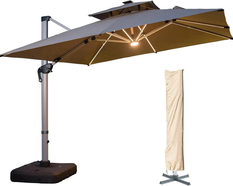 A 10-foot by 10-foot square cantilevered sunshade, equipped with a cross base and canopy, is included - a large heavy-duty outdoor sunshade, 360° rotating offset type, suitable for use in courtyards, backyard of swimming pools, terraces or gardens, i B657