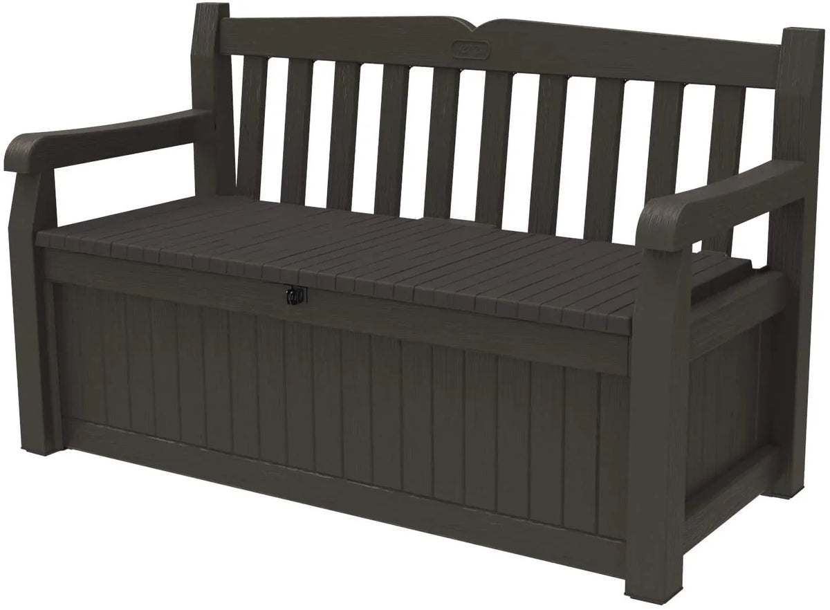 70 Gallon Storage Bench Deck Box for Patio Furniture, Front Porch Decor and Outdoor Seating -- Perfect to Store Garden Tools and Pool Toys, Brown