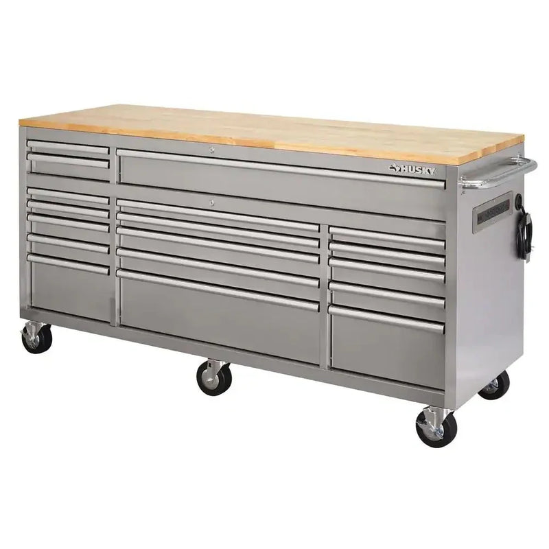 72 in. 18-Drawer 24 in. D Mobile Workbench with Solid Wood Top Stainless Steel R422