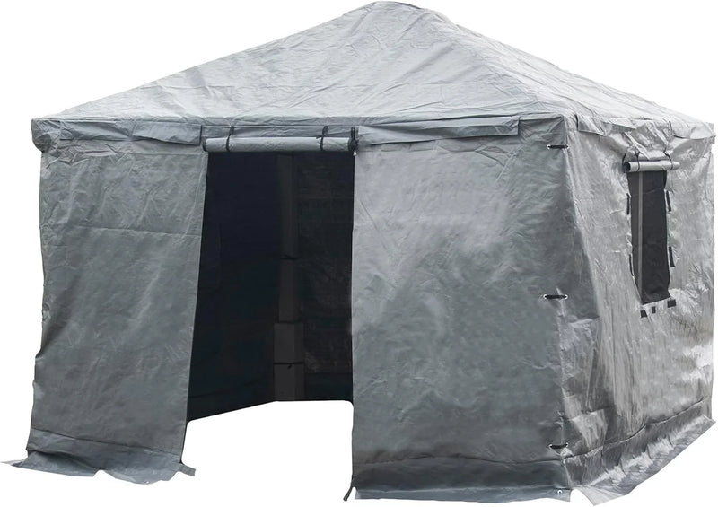 Universal winter tarpaulin, suitable for tall sunshades, used for storing barbecue grills and outdoor furniture, with fireproof and weather-resistant properties, measuring 10 feet by 12 feet, and in gray color. Q2907
