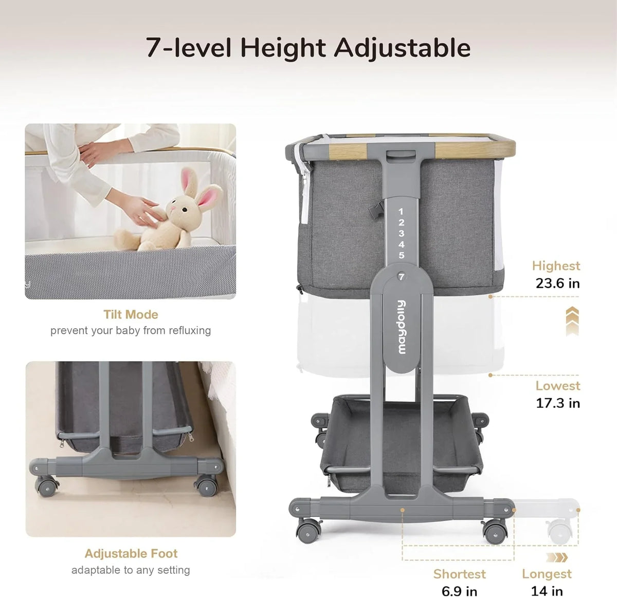 Maydolly Baby Bassinet Bedside Crib, 3-in-1 Baby Bassinet Bedside Bed with Mattress and Soft, Breathable Sheet, 7-Height Adjustable, Stable and Reliable Crib for Nursery