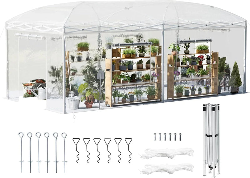 19.2×9.7×8.5 feet Outdoor upgraded retractable greenhouse with adjustable reinforced frame, portable walk-through greenhouse, equipped with 2 rollable zipped doors and mesh windows, PE shell, white J6977