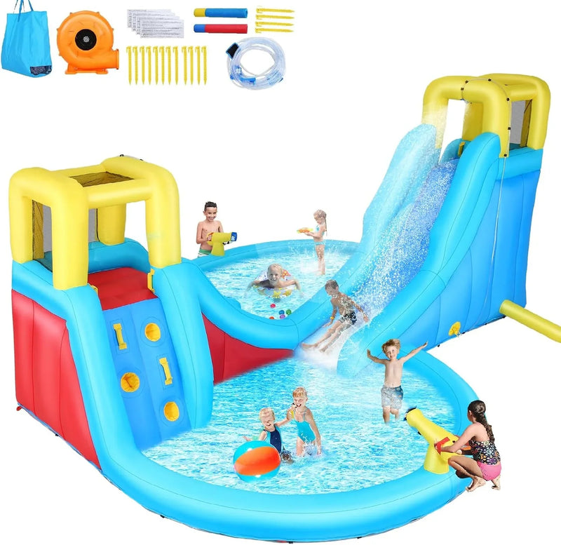 Inflatable Water Slide, 6 in 1 Outdoor Inflatable Water Park with Climbing, Basketball Rim, Splash Pool, Water Cannon, Blow up Water Slides for Kids Backyard T7465