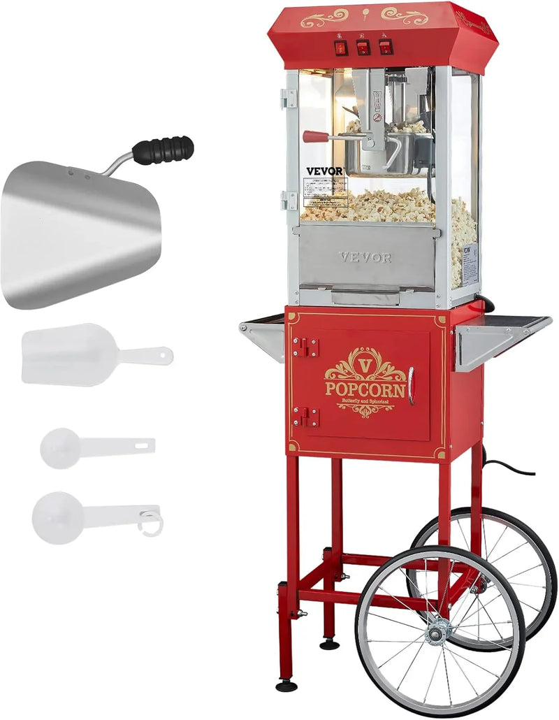 Popcorn machine, 12-ounce pot capacity, 1440-watt countertop popcorn machine, can produce 80 cups per batch, cinema-style popcorn machine, equipped with 3 switches for control, steel frame, tempered glass door, 1 pot, 2 spoons, red version E1193