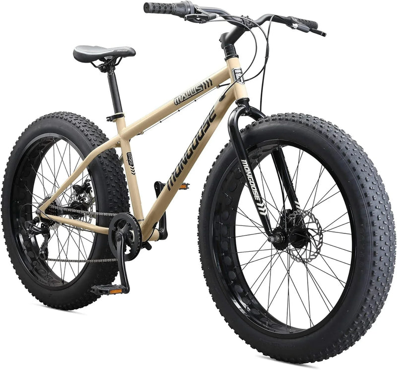 Mens and Women Fat Tire Mountain Bike, 26-Inch Bicycle Wheels, 4-Inch Wide Knobby Tires, Steel Frame, 7 Speed Drivetrain, Shimano Rear Derailleur, Disc Brakes E5375