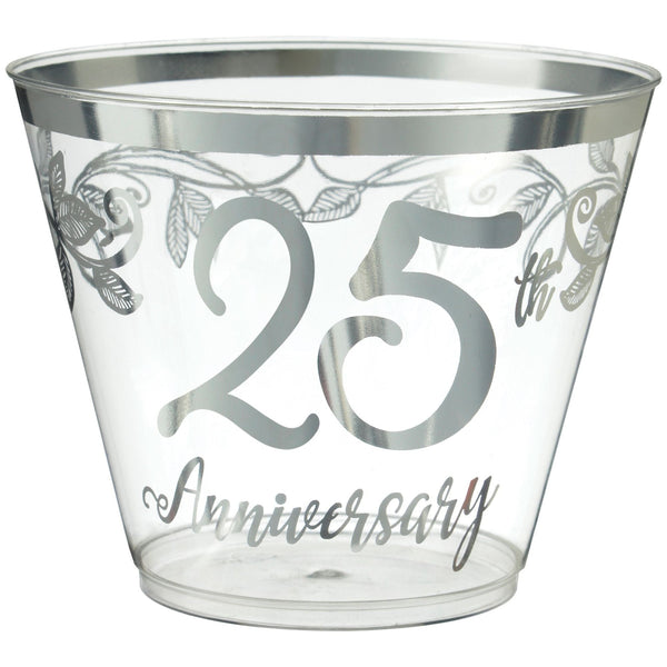"25th Anniversary" Bordered Trimmed Plastic Reusable Tumbler Cups, Clear/Silver, 9-oz, 30-pk, for Anniversary Party A4894