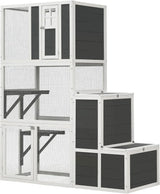 62.6-inch wooden outdoor cat house, large cat cage room, equipped with 7 platforms, 2 rest boxes and a rainproof roof, suitable for multiple pets to use. Step-in cat apartment shelter, white model