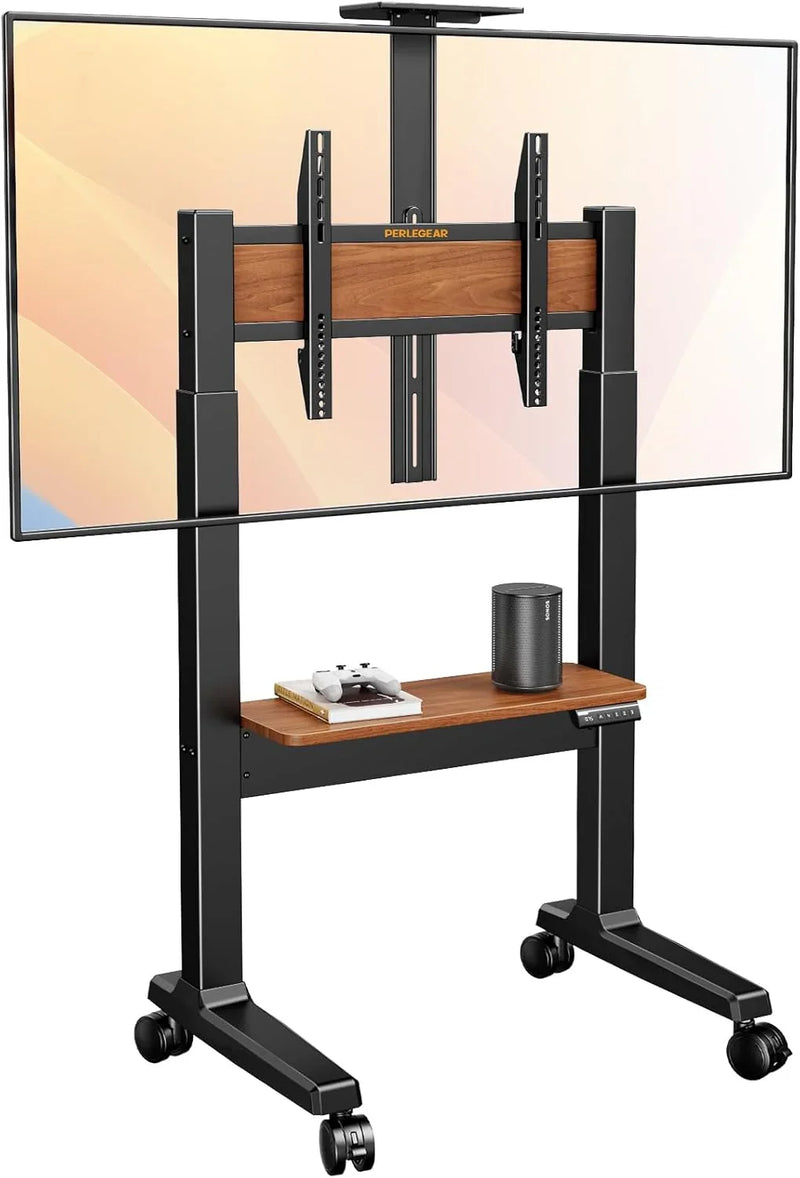 Motorized Mobile TV Stand on Wheels for 37–86 Inch TVs up to 154 lbs, Electric Height Adjustable Rolling TV Stand, VESA 200x200–600x400mm, Wooden Shelf & Panel, PGTVMC26B E9140