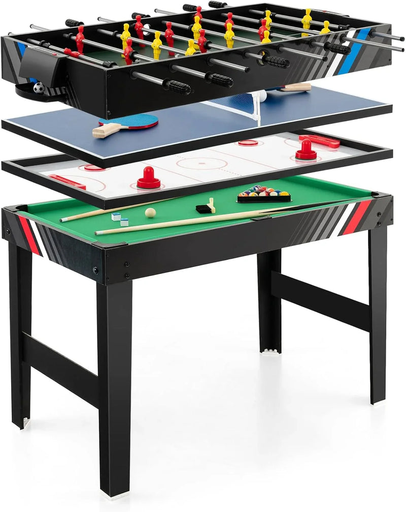 The multi-functional game table integrates a football table, a billiards table, an air curling table and a table tennis table. It is an ideal combination game table for a family game room. E6202