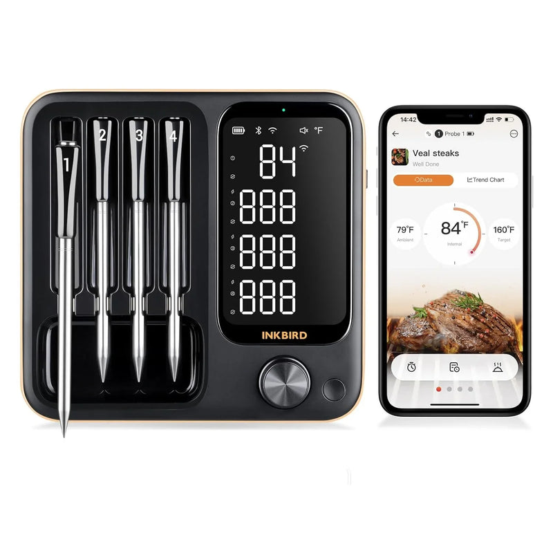 True wireless meat thermometer, equipped with 4 probes, Wireless meat thermometer, with backlit LCD display, Wi-Fi-enabled smart food thermometer, rechargeable, suitable for barbecue grills, charcoal grills, ovens, and rotating barbecue racks. B9330