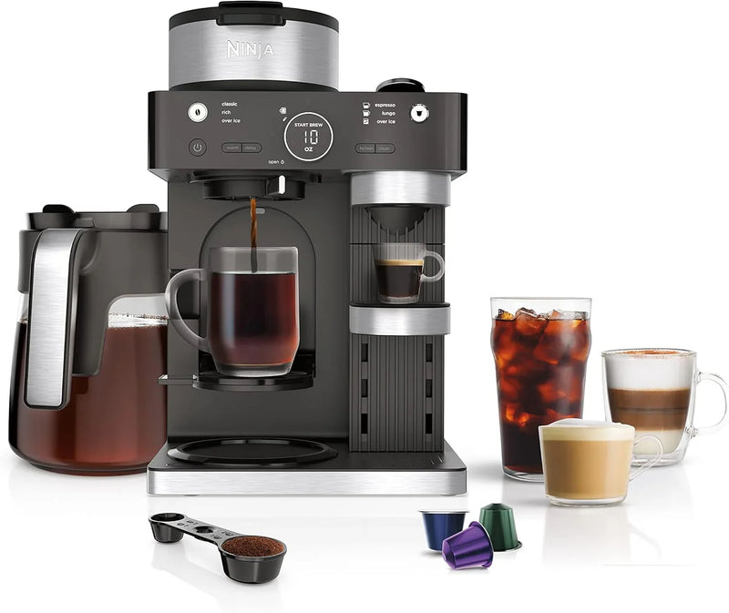 Italian espresso machine and coffee-making system, featuring three espresso brewing modes, supporting single-portion coffee and capsules, with a built-in frother, capable of making Italian espresso, cappuccino and latte. Black style. C3436