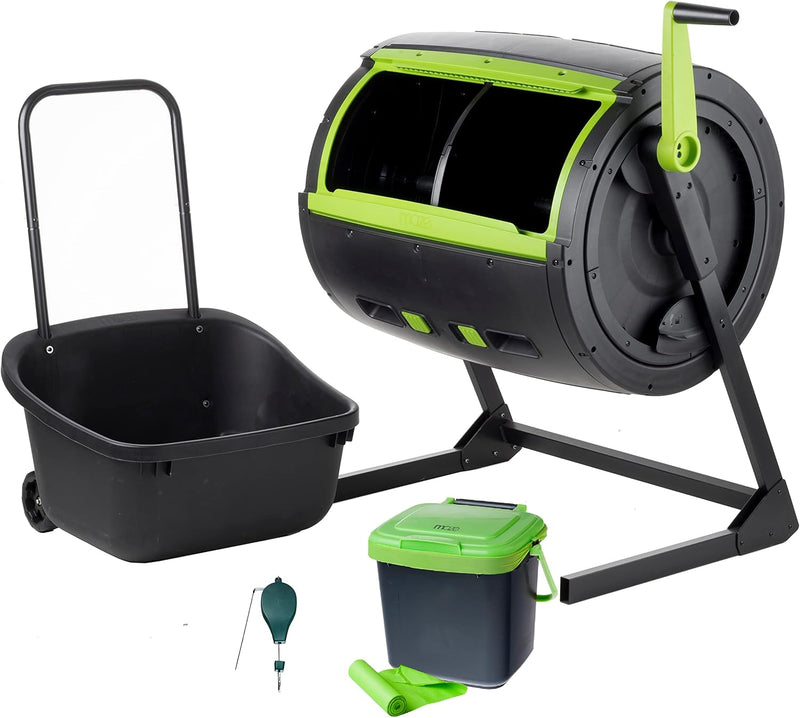 Two 65-gallon two-stage composting drums, equipped with large double doors and an open frame, are also provided along with a maze-style compost cart, a 1.85-gallon kitchen trolley-style compost bin, three rolls of corn bags, and a retractable plant t X793