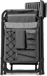 The "Picnic Time" brand's outdoor folding chairs with a unique design feature a grey base and a black frame. The dimensions are 33 x 7 x 21.