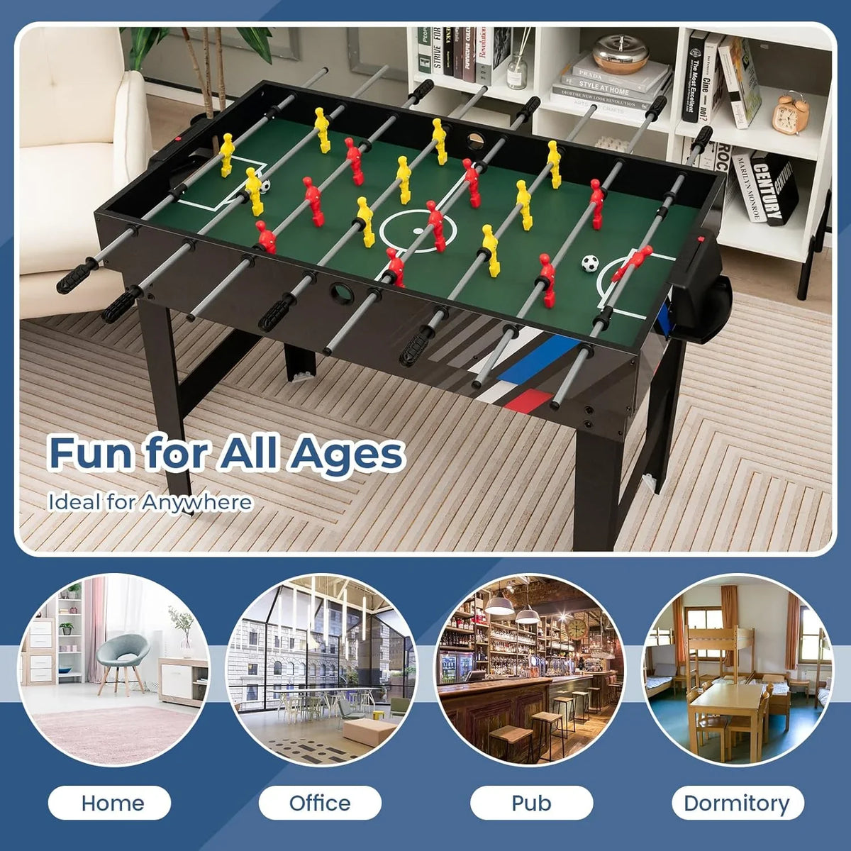 The multi-functional game table integrates a football table, a billiards table, an air curling table and a table tennis table. It is an ideal combination game table for a family game room.