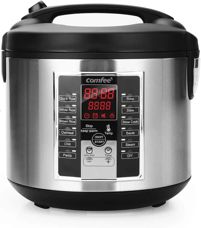 Compact electric rice cooker, 6-in-1 stainless steel multi-functional cooking utensil, slow cooker, steamer, frying pan, heater and warmer, 2-gallon capacity (8 cups cooked, 4 cups uncooked), suitable for brown rice, quinoa and oats, 6 one-button pro G501