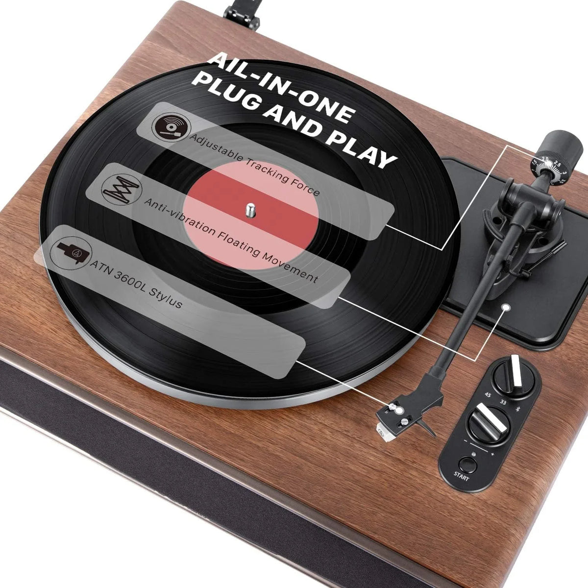 High Fidelity Belt Drive Turntable with Built-in Speakers, Vinyl Record Player with Magnetic Cartridge, Wireless Playback and Aux-in Functionality, Auto Off