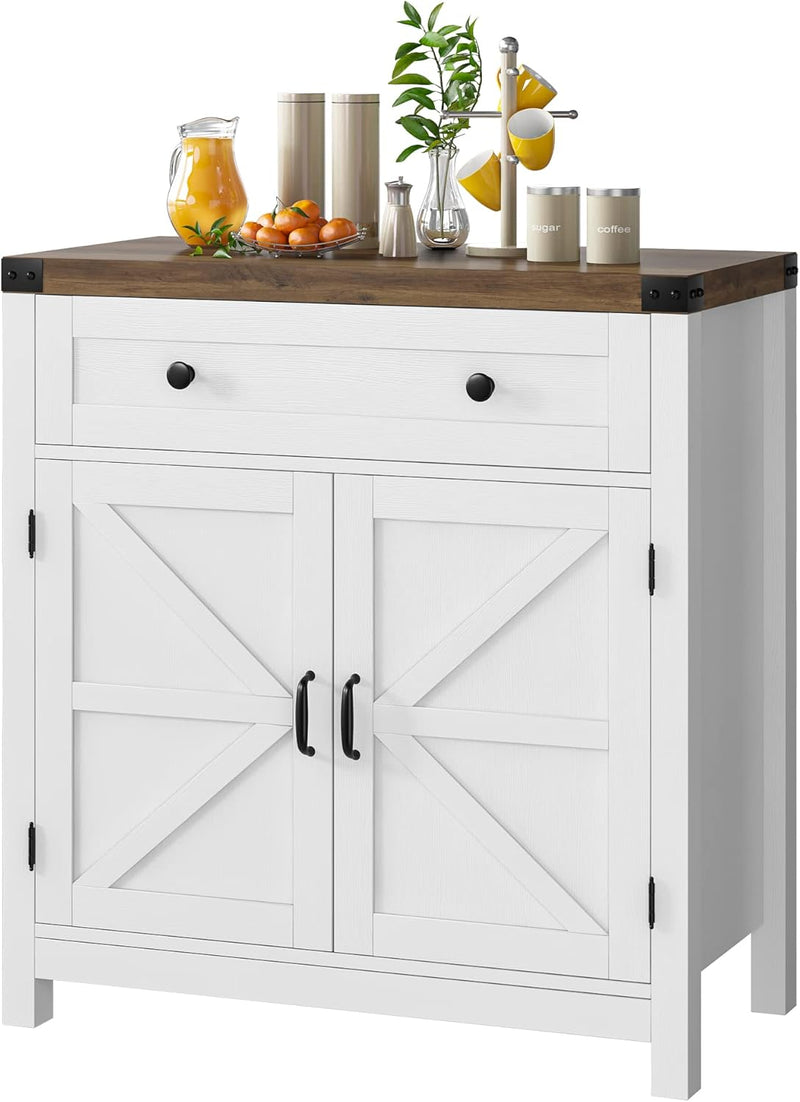 Coffee Bar Cabinet, Kitchen Storage Cabinet, Modern Farmhouse Buffet Sideboard with Drawer and Adjustable Shelf, Barn Door Accent Cabinets for Kitchen, Dining Room, Entryway, White Z2644