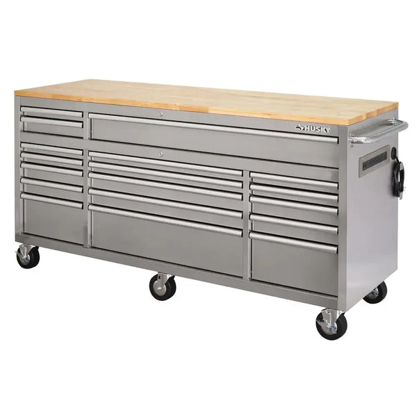 72 in 18-Drawer 24 in. D Mobile Workbench with Solid Wood Top Stainless Steel X660