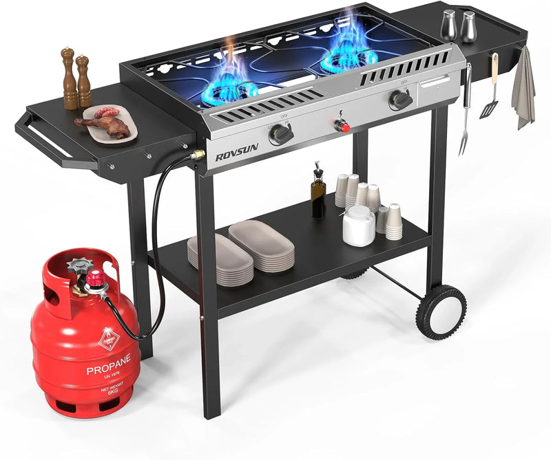 2 Burner Outdoor Propane Gas Stove with Griddle, Auto-ignition, Regulator & Side Shelves, 150,000 BTU Powerful Stand Cooker for Backyard Cooking Home Brewing Canning Frying Grilling E1947