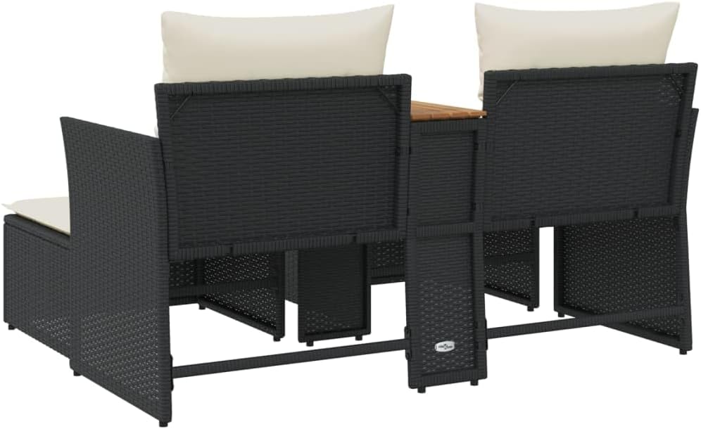 Multi-functional balcony sofa (for two people, with sunshade) - Black polyester wicker double-seat sofa, with built-in table, stool and washable cushion