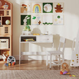 Kids Desk and Chair Set, Wooden Children School Study Table and Chair w/Storage Drawer & Hutch, Student Writing Desk Computer Workstation for Bedroom, Gift for 3 Years Old (White)