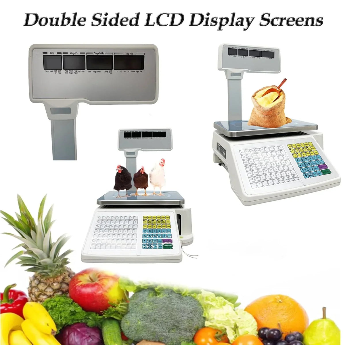 Commercial digital scale, equipped with thermal printer, 4 window vertical double-sided LCD display, capable of printing labels, maximum load capacity of 66 pounds, 110 volts, portable, suitable for storage areas, restaurants, bakeries