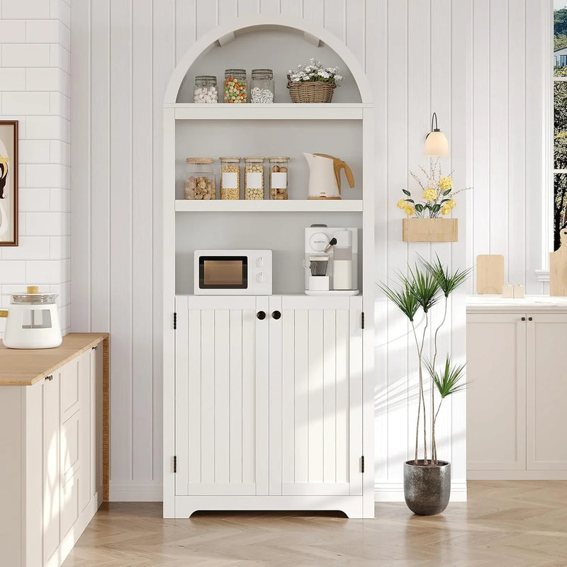 72'' Tall Farmhouse Bookcase, 5 Tier Arched Bookshelf with Double Doors & Adjustable Shelf, Display Storage Shelves, for Bedroom, Living Room, Home Office H1979