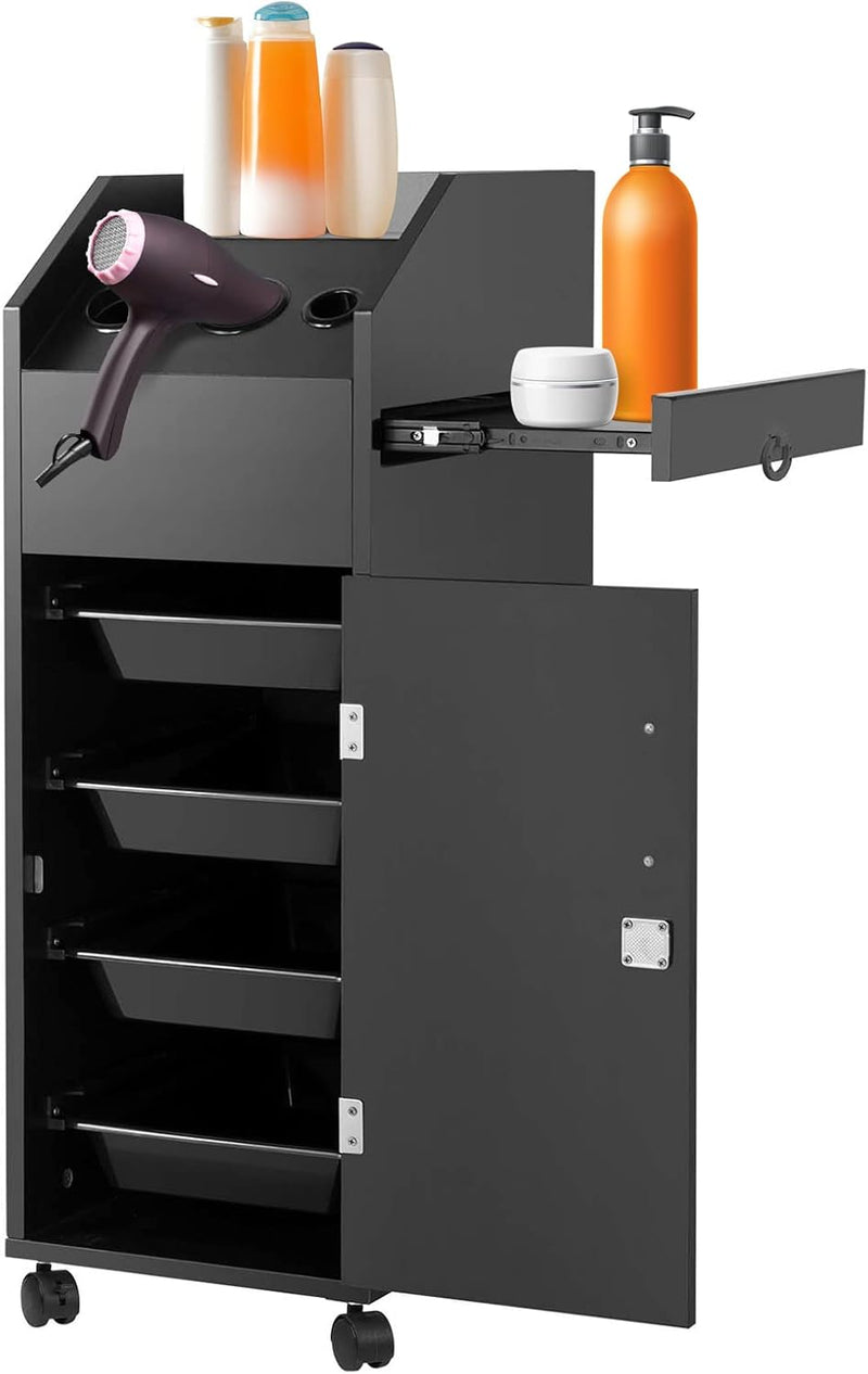 Hair Salon Trolley Cart Salon Storage Cart Rolling Salon Cart with Wheels Lockable Drawers Hair Dryer Holders Side Tray for Barbershop Tattoos Beauty Hairdresser Station, Black I2674