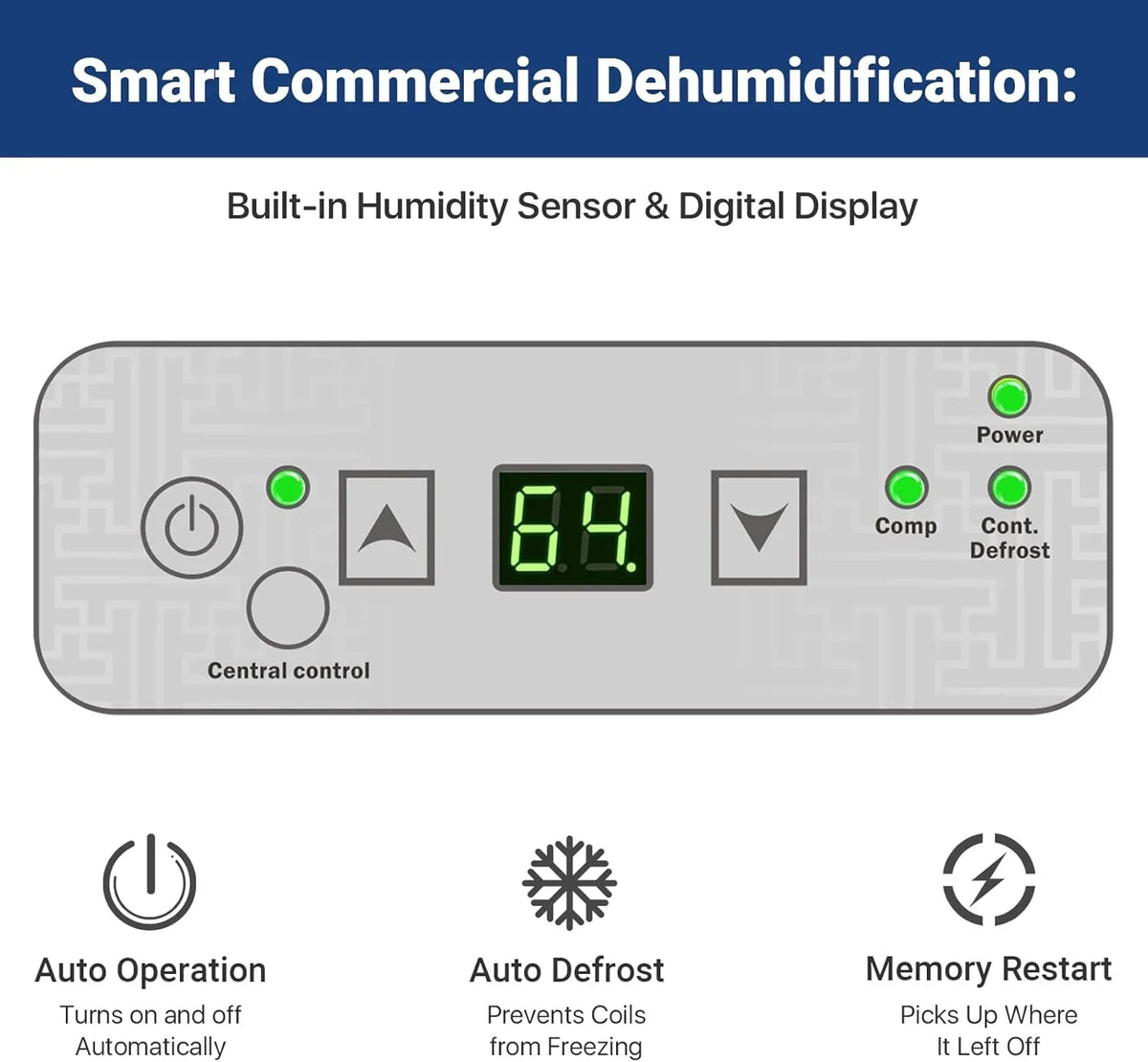 Galon dehumidifier, a drain-equipped basement dehumidifier for commercial, garage, and kitchen use, compact design, automatic defrosting, memory start function, suitable for 1200 square feet of space.