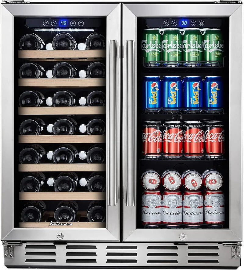 24 inch Wine Cooler, 46 Bottle - Dual Zone Built-in or Freestanding Fridge with Stainless Steel Reversible Glass Door, for Home, Kitchen, or Office. I1427