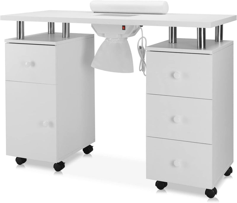 Manicure Table Nail Desk for Nail Tech w/Electric Dust Collector & Wrist Rest, Acetone Resistant Top Beauty Salon Nail Supplies Decor Station w/Lockable Wheels, Cabinet, Drawer (White) G3339