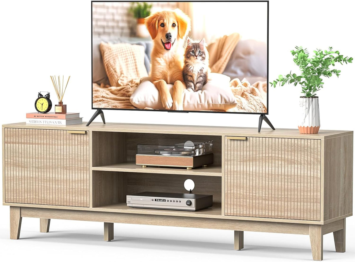 70" TV Stand Room, Fluted Mid-Century Modern TV Console for TVs up to 80 inch, Farmhouse Entertainment Center with 2 Storage, Media Console Table Room, Oak