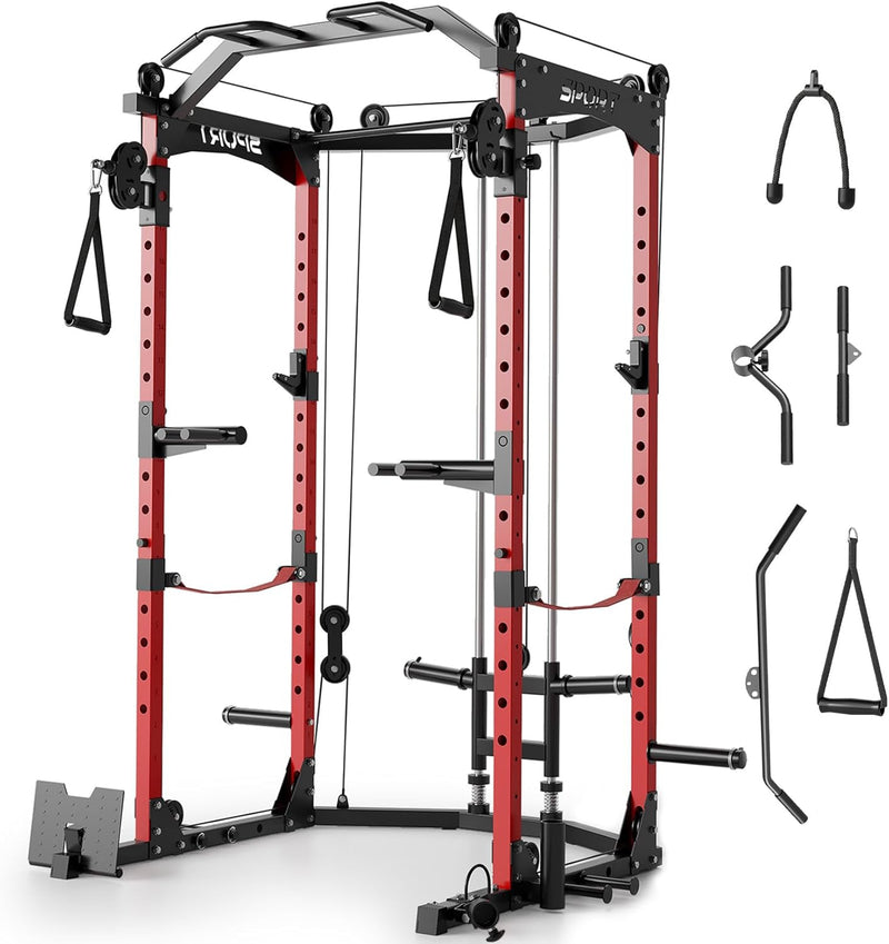 Power Cage,2000LBS Adjustable Multi-Functional Power Racks, Dual Pulley Cable System, Squat Rack for Strength Fitness, with More Training Attachment for Home Gym G3023