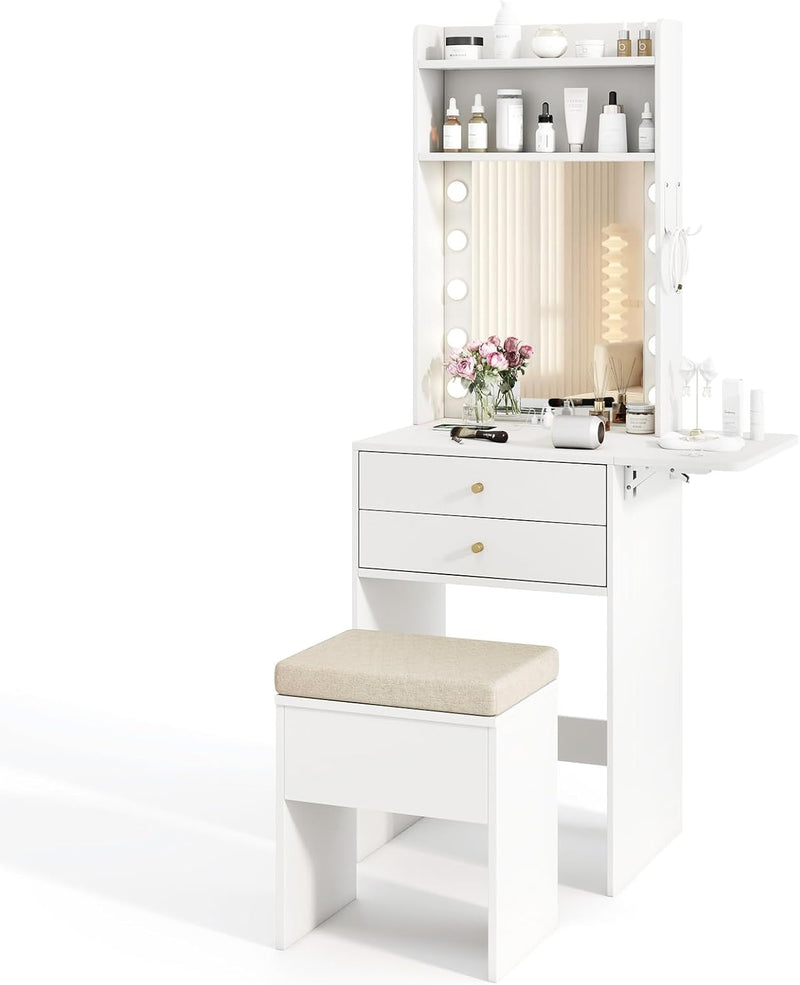 Small Vanity Desk with Mirror and Lights, Makeup Vanity Table with Charging Station, Drawers, Shelves, Foldable Side Table, Compact Dressing Table with Storage Chair for Small Space (White) J9154