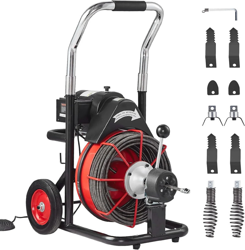 Drain Cleaner Machine 100FT x 1/2 Inch, Auto Feed Sewer Snake Auger on Wheels, 550W Portable Drain Cleaning Machine with 8 Cutters & Air-activated Foot Switch for 2" to 4" Pipes G9533